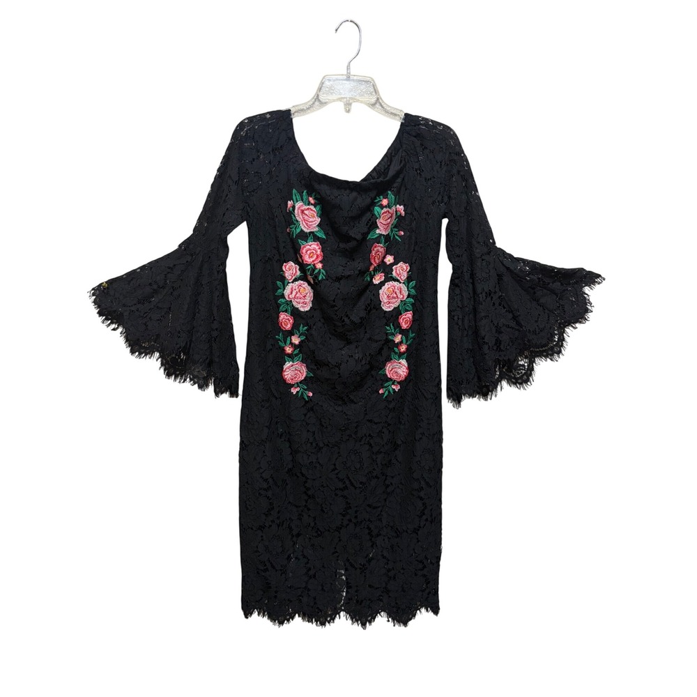 Umgee USA Black Lace Y2K Gothic babydoll  Embroidered Bell Sleeve Sheath Large